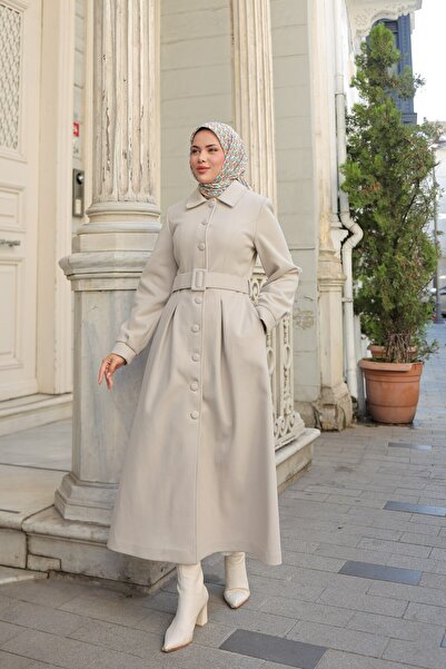 By Pommes Life Women's Belted Buttoned Long Length Cashmere Coat