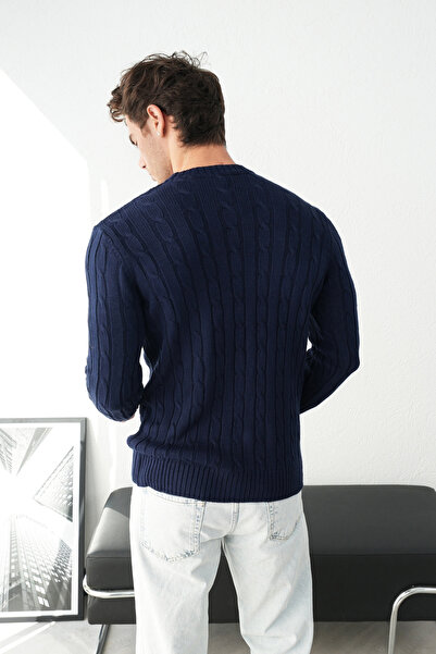 İLKCET MODA Crew Neck Navy Blue Hair Knit Men's Sweater