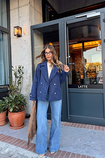 Sue Store Μάλλινο μείγμα με επένδυση με κουμπιά Indigo Pearl Ov oversized