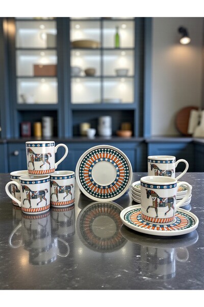 ferayhome Porselen Kahve Fincan Seti 6 Kişilik Herm At Desen - Feray Home