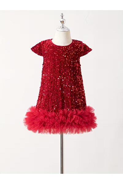Vaelia Kız Çocuk Kırmızı Payetli Tüllü Abiye Parti ve Doğum Günü Elbisesi