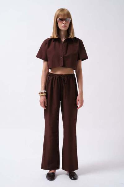 Maxi modena Linen Brown Trousers with Tie Waist - 40