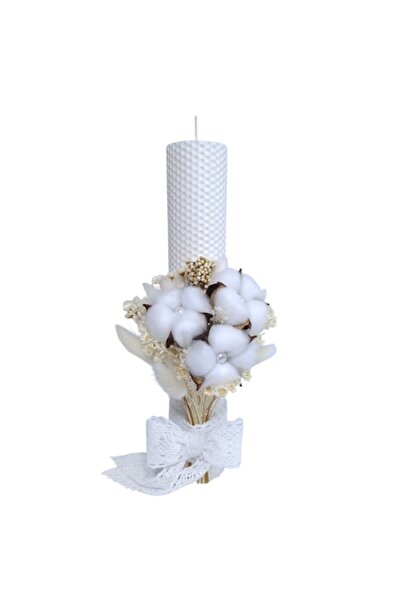 OEM Lumânare de botez din ceară de albine, decorată cu flori de bumbac și flori uscat, H30/D5