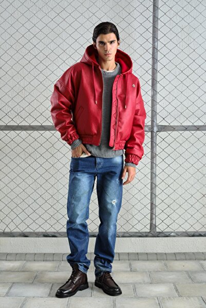 GIESTO Червона шкіряна куртка з капюшоном