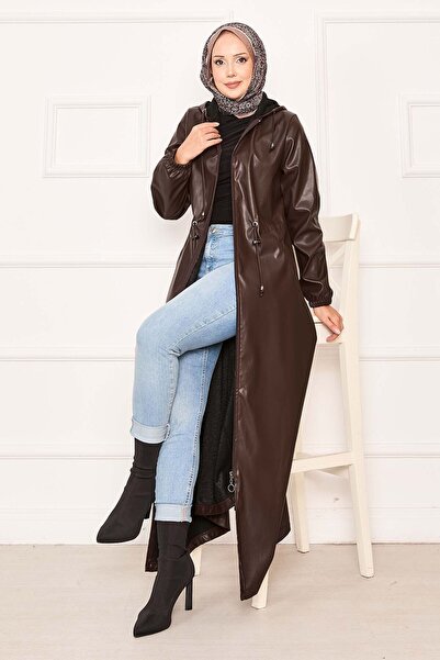 EBRUTESETTÜR Beli Tünel Kuşaklı Kapüşonlu Deri Kap