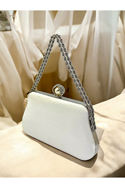 Biçanta Ecru Color Glittery Satin Silver and Pearl Detailed Chain Strap Women's Evening Dress Bag Wedding Engagement Prom