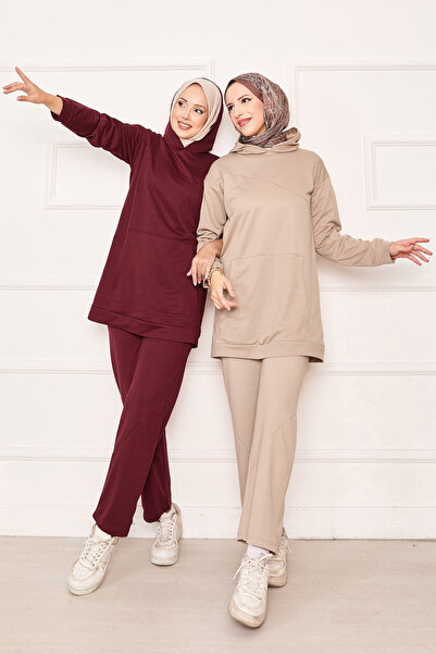 EBRUTESETTÜR طقم مكون من قطعتين بتفاصيل جيب وغطاء رأس على شكل كنغر باللون البيج