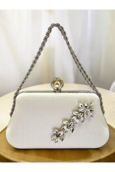 Biçanta Ecru Color Glittery Satin Silver and Pearl Detailed Chain Strap Women's Evening Dress Bag Wedding Graduation