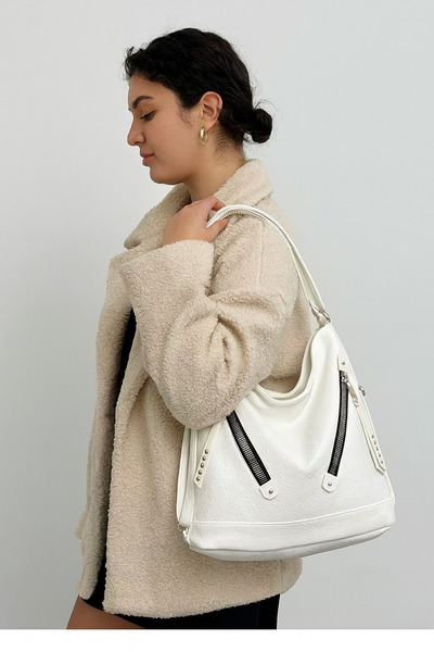 H&D COLLECTİON Γυναικεία τσάντα από μαλακό συνθετικό δέρμα με λεπτομέρεια με φερμουάρ, λευκή, κατάλληλη για χρήση στο χέρι, στον ώμο και στην πλάτη