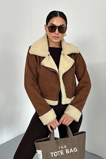 spirituel Γυναικείο σακάκι από καστόρι με κοντό γούνινο εσωτερικό με διπλό στήθος και τσέπες με φερμουάρ