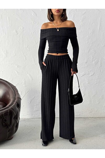 Zeynep Öykü Style Kadın Madonna Yaka Parmak Geçmeli Bluz Pantolon Takım