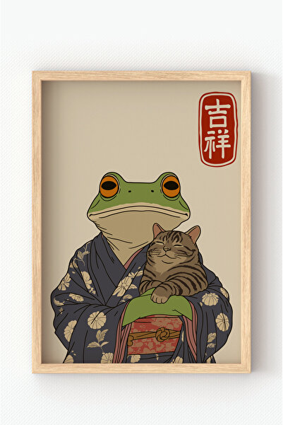 MIOVI Ahşap Çerçeveli Japon Tarzı Kurbağa ve Kedi Tablo – Mistik Sanatsal Modern Dekoratif Poster