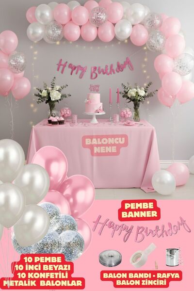 Baloncu Nene بالونات بيضاء لؤلؤية مع كتابة عيد ميلاد سعيد باللون الوردي وكونفيتي فضي، 30 قطعة، زينة لحفلات أعياد الميلاد
