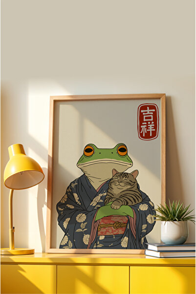 MIOVI Ahşap Çerçeveli Japon Tarzı Kurbağa ve Kedi Tablo – Mistik Sanatsal Modern Dekoratif Poster