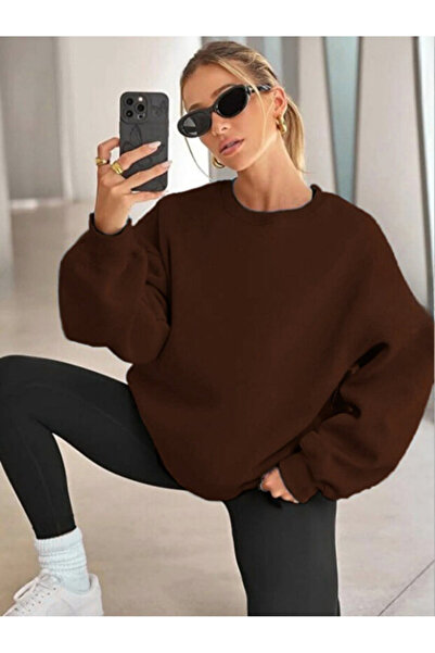 LiyAdaCo Unisex oversized Φούτερ με λαιμόκοψη καφέ - Φούτερ με κουκούλα