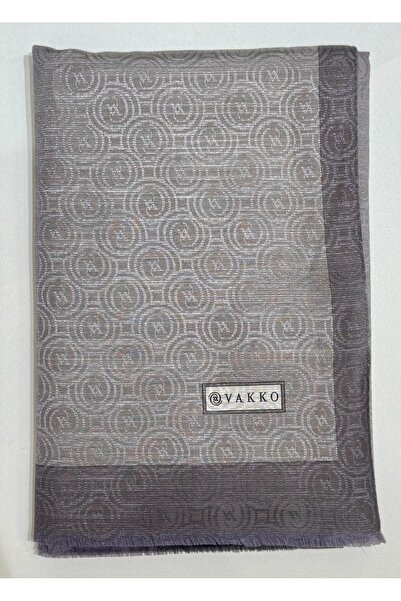 Vakko Cotton Silk Striped Monogram Shawl 41728-Grey