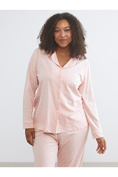 LC Waikiki Vizyon Yeni Sezon Büyük Beden Gömlek Yaka Kalp Baskılı Kadın Pijama Takımı