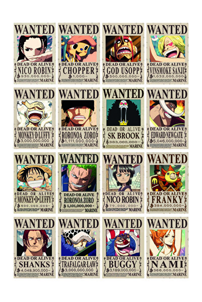 Pankart Evi One Piece Wanted Tasarımlı 16 adet Düz Kesim Sticker Seti