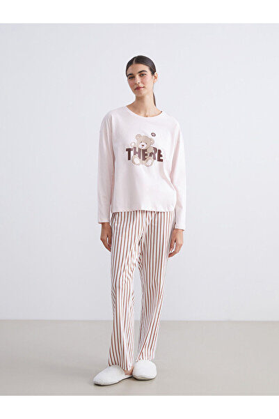 LC Waikiki Peak Yeni Sezon Bisiklet Yaka Ayı Baskılı Kadın Pijama Takımı