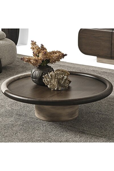 SHOWDEKO Mira Ikili Ahsap Yuvarlak Traverten Orta + Yan Sehpa Seti Ç112/Ç50cm