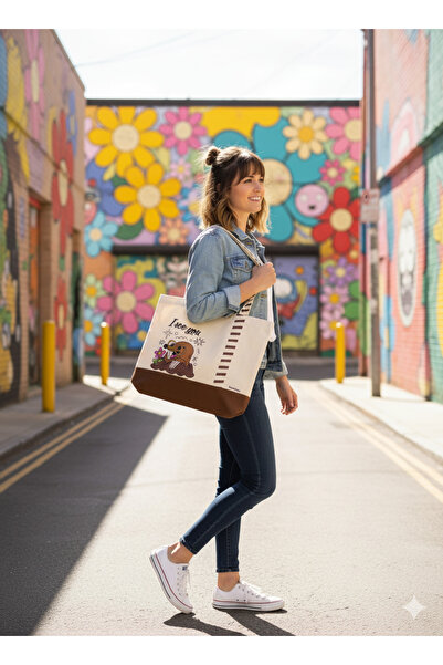 KOSTEBAG Pixie Ham Kanvas & Kahve Gabardin Kombin 45×36×10cm Köstebek Desenli Bez Çanta