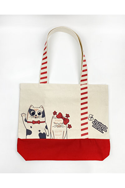 KOSTEBAG Pixie Ham Kanvas & Kırmızı Gabardin Kombin 45×36×10cm Kedi Desenli Bez Çanta