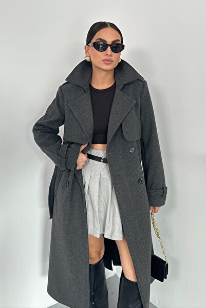 spirituel Women's Coat Long Cashmere Belted Buttoned Pocketed Double Breasted Premium Coat