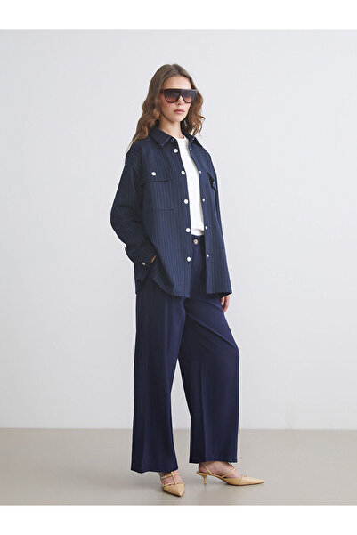 LC Waikiki Navy Blue Loose Fit Wide Leg Women's Pleated Trousers