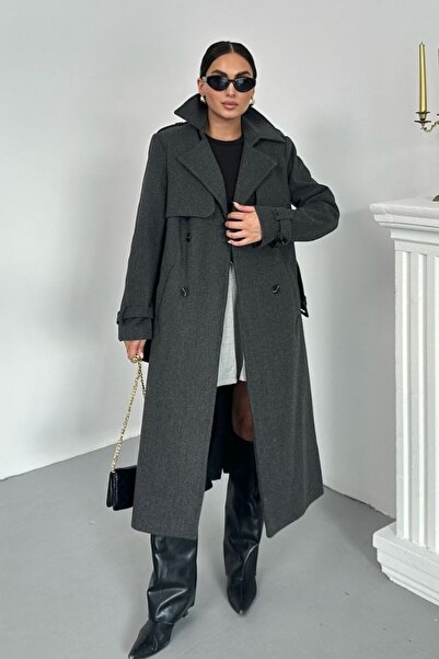 spirituel Women's Coat Long Cashmere Belted Buttoned Pocketed Double Breasted Premium Coat