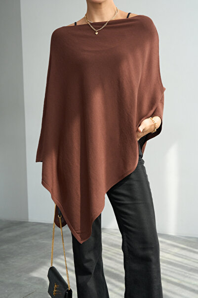 LOOSH Kadın Kahve Asimetrik Yaka Oversize Panço