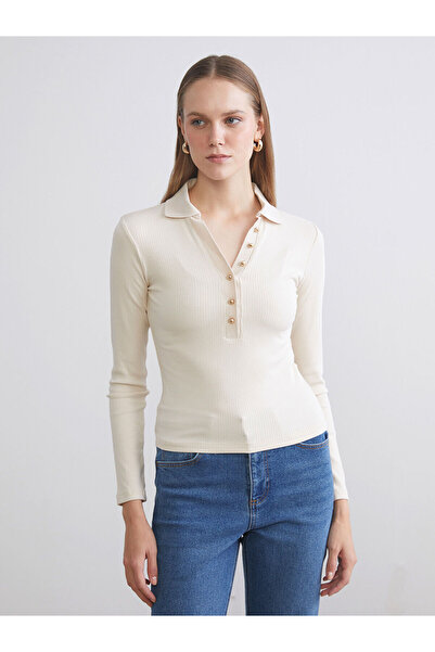 LC Waikiki LCWAIKIKI Basic Ekru Polo Yaka Modal Karışımlı Kadın Tişört