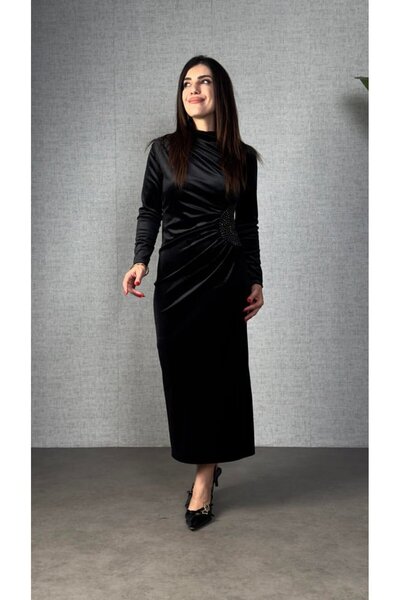 buğrahayalin Women's Turtleneck Drawstring and Stone Embroidery Detail Maxi Length Velvet Dress