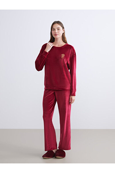 LC Waikiki Peak New Season Crew Neck Embroidered Women's Velvet Pajama Set