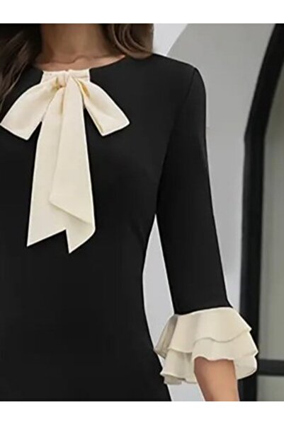 JANES Dámské midi krepové šaty s tříčtvrtečními rukávy a mašlí u krku