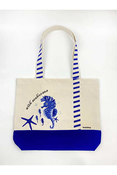 KOSTEBAG Pixie Ham Kanvas & Saks Gabardin Kombin 45×36×10cm Deniz Atı Desenli Bez Çanta