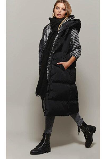 BE CHİC Γυναικείο μακρύ πουπουλένιο γιλέκο με κουκούλα και τσέπες df8000