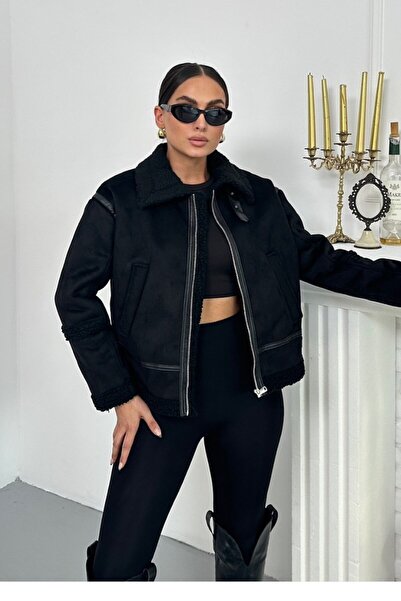 spirituel Palton de piele de căprioară pentru femei, cu blană în interior, bu...