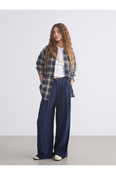 LC Waikiki Navy Blue Loose Fit Wide Leg Women's Pleated Trousers