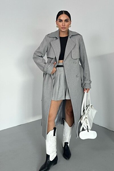 spirituel Women's Coat Long Cashmere Belted Buttoned Pocketed Double Breasted Premium Coat