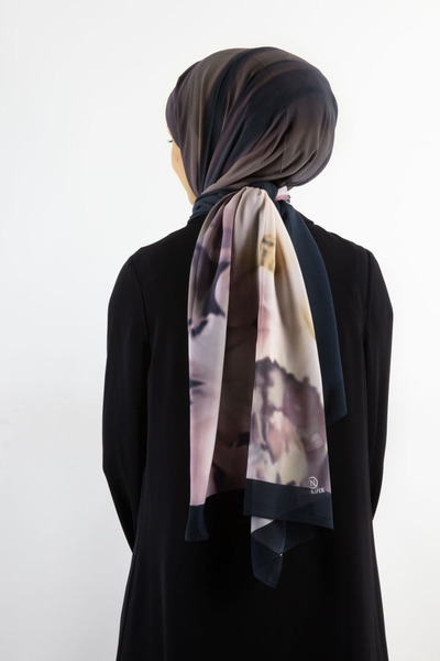NUR İPEK Crepe Shawl with Degraded and Flower Pattern Navy Blue - Powder Colored 70X190 Non-Wrinkle Shawl Italian Stitched