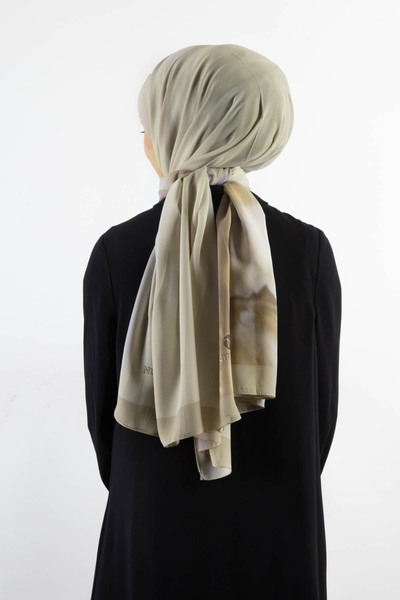 NUR İPEK Crepe Shawl with Degraded and Flower Pattern Beige - Indigo Colored 70X190 Wrinkle-Free Shawl Italian Stitched