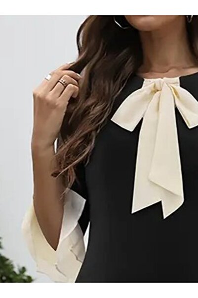 JANES Dámské midi krepové šaty s tříčtvrtečními rukávy a mašlí u krku