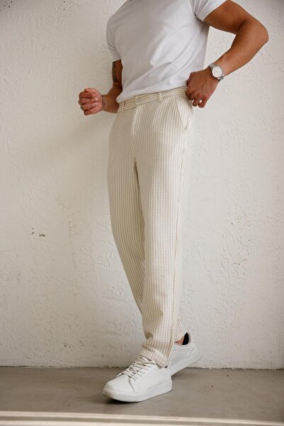 BRACCAS Men's Stretch Textured Slim Fit Beige Trousers