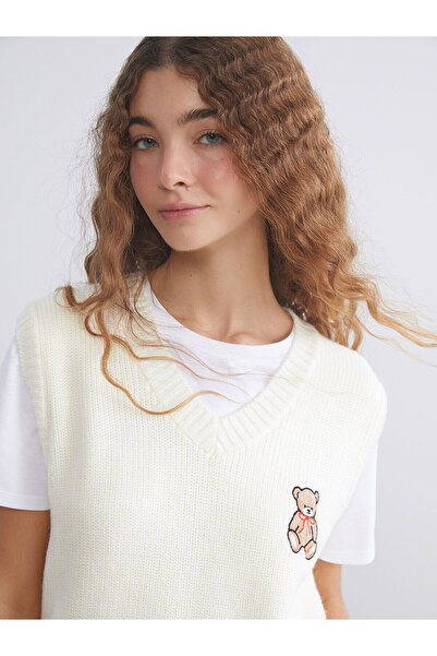 LC Waikiki V Yaka Ayı Nakışlı Kadın Triko Süveter