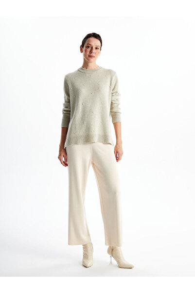 LC Waikiki Lcwaikiki Classic Ecru Elastic Waist Straight Wide Leg Women's Kni...