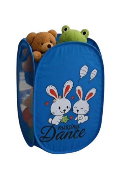 HZL HOME Rabbit Patterned Blue Mesh Foldable Toy-Washing Basket Children's Ro...