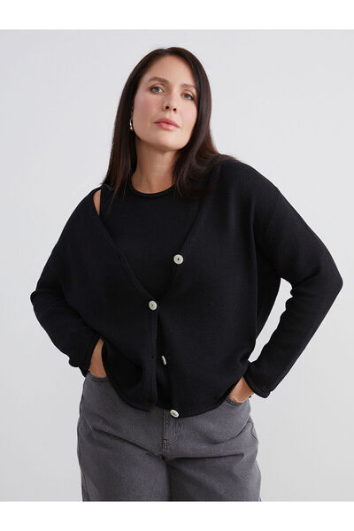 LC Waikiki Cardigan de tricotat pentru femei, negru, mărime mare, cu decolteu...