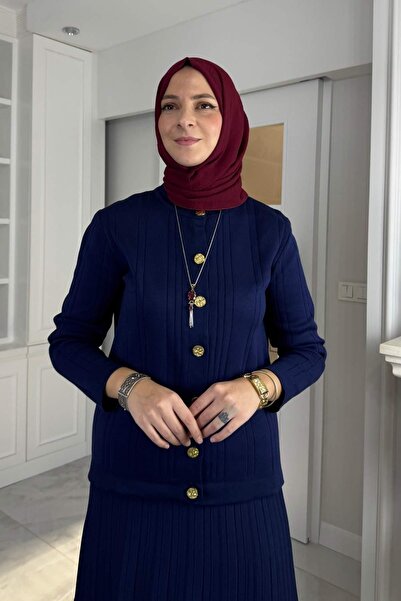 Rabia Şamlı Defne Çelik Knitted Sweater Set Navy Blue