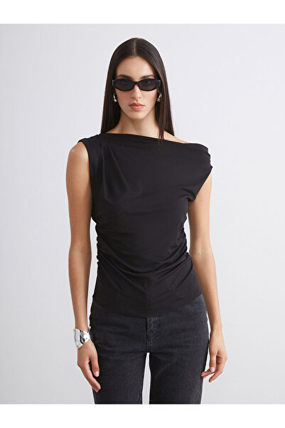 LC Waikiki Black Boat Neck Gathered Blouse