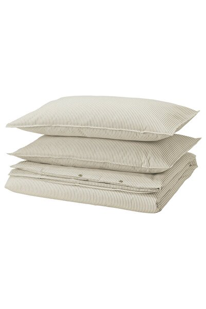 IKEA SOLFIBBLA Duvet cover and 2 pillowcases, white beige/stripe, 240 x 220/50 x 80 cm